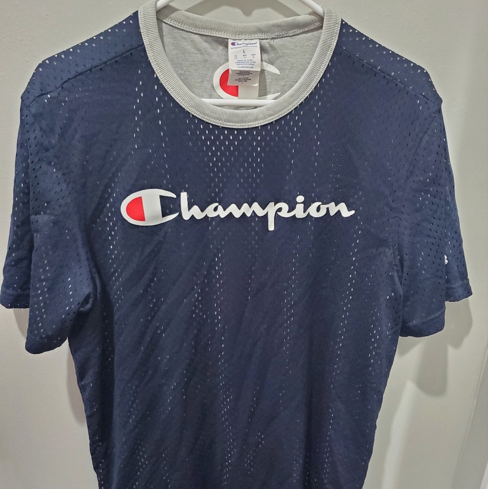 Men’s Champion Pinnie T-Shirt Size L Blue Pinnir grey undershirt vintage